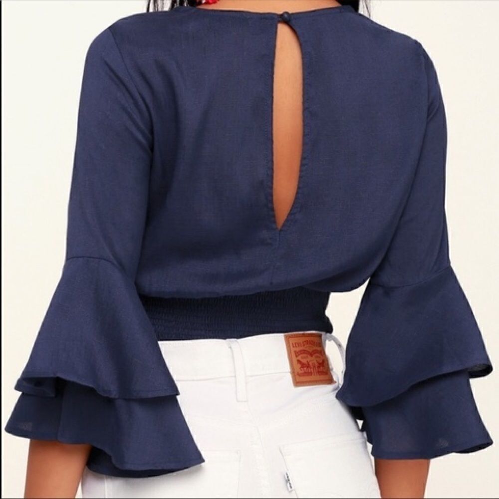 Lulus Auben Navy Blue Knotted Bell Sleeve Crop Top - Picture 2 of 10